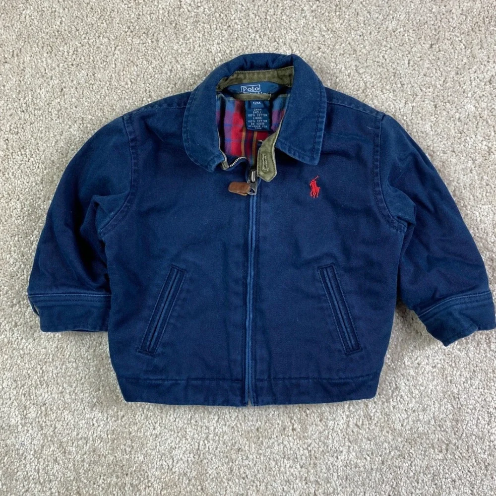 Polo Ralph Lauren Toddler Navy Blue Plaid Lined Harrington Jacket 12M Red Pony